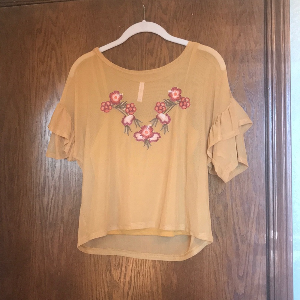 Yellow floral mesh top